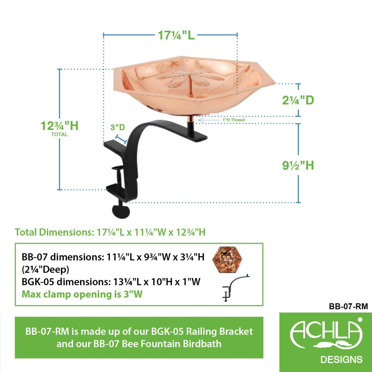11.5" Copper Bee Fountain & Birdbath with Rail Mount Bracket