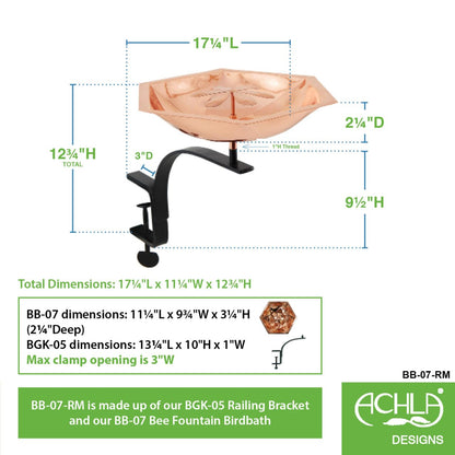 11.5" Copper Bee Fountain & Birdbath with Rail Mount Bracket