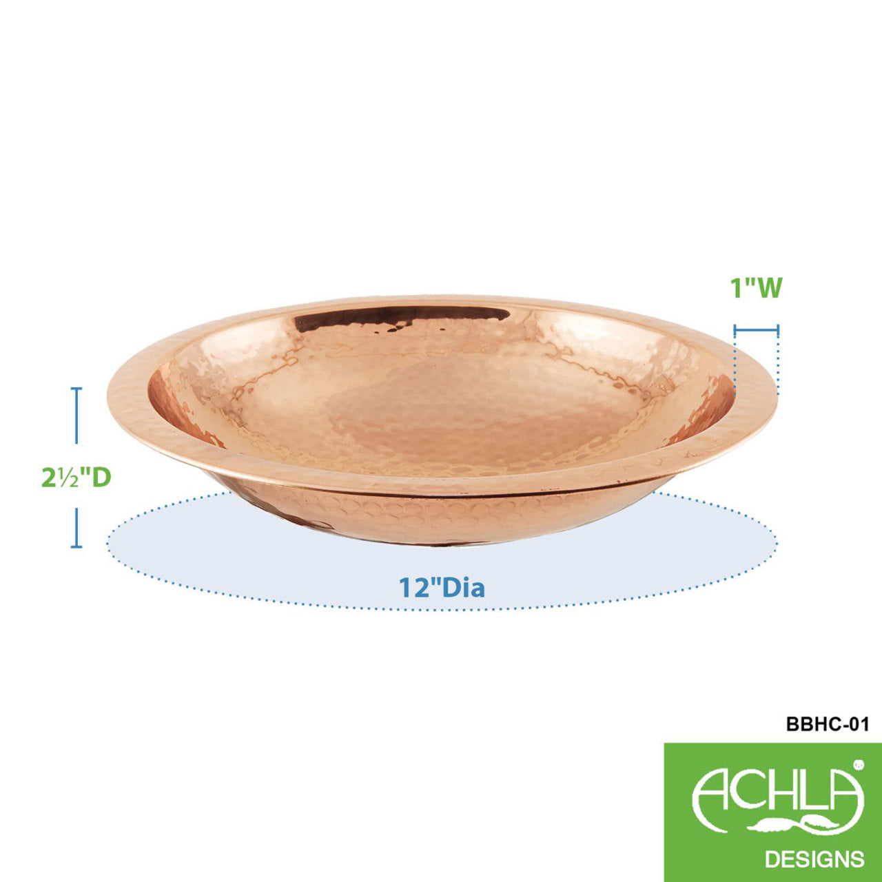 13" Hammered Copper Birdbath Bowl with Rim