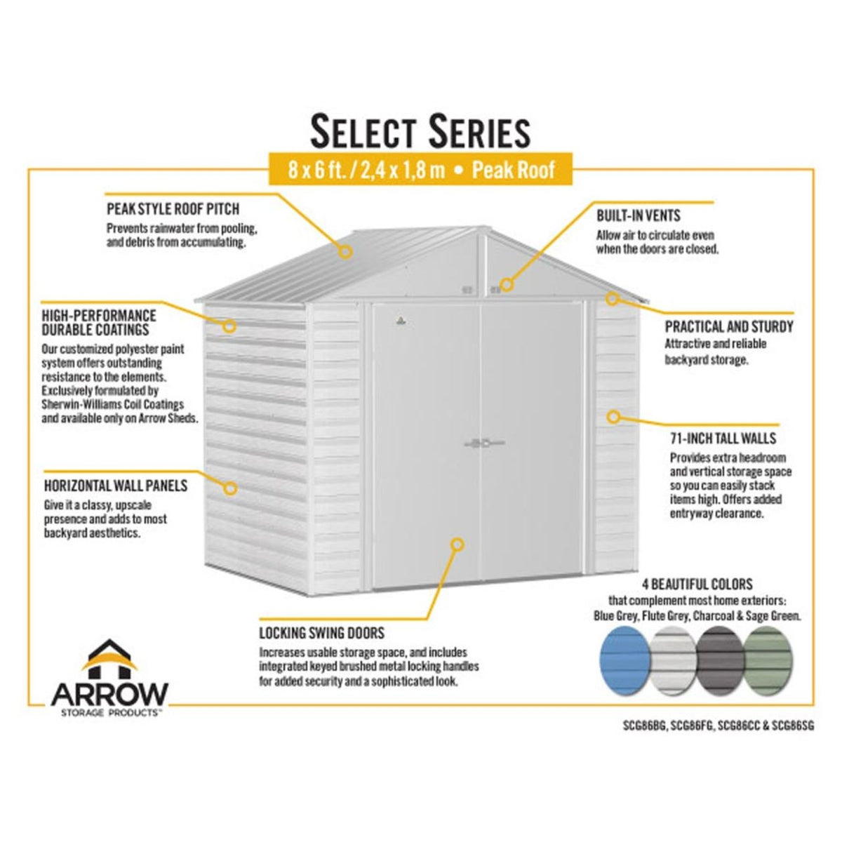 Arrow Select 8' x 6' Steel Storage Shed - Flute Gray