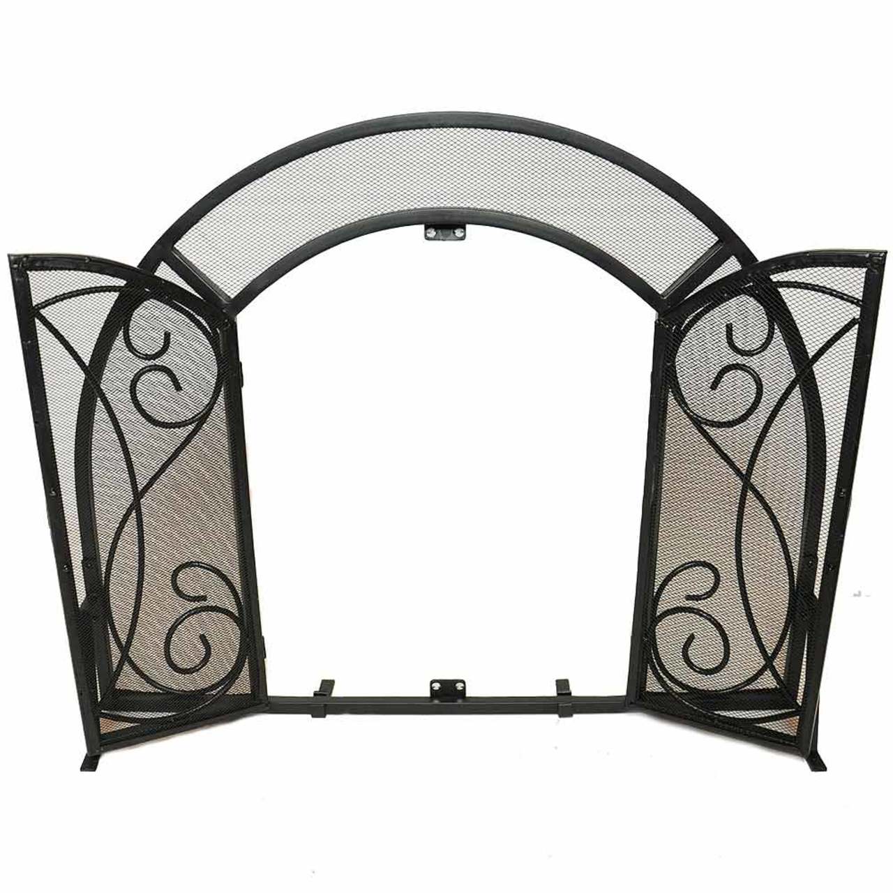 Single Panel Ornate Fireplace Screen with Doors - Black