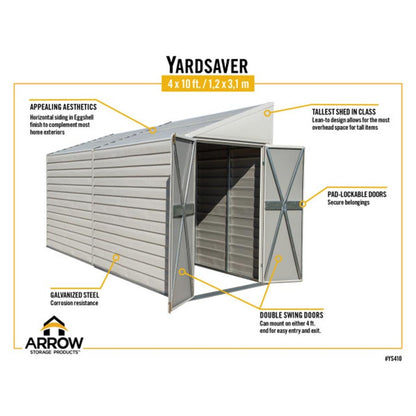 Yardsaver 4 x 10 Steel Pent Roof Storage Shed - Eggshell