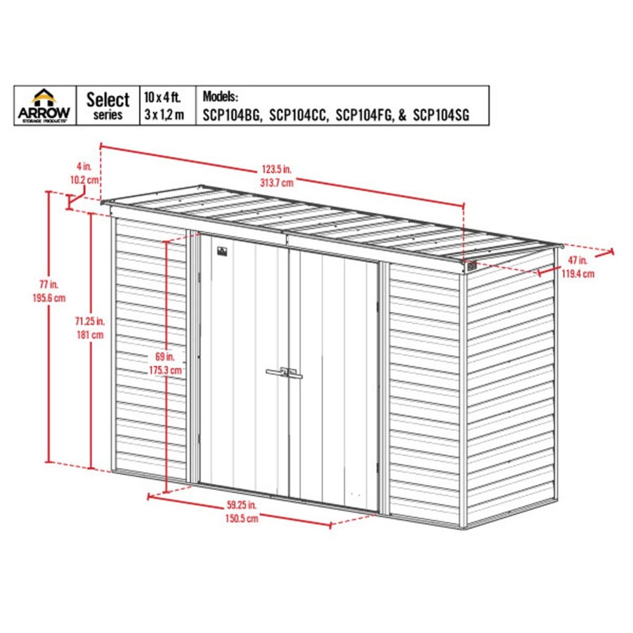 Arrow Select 10' x 4' Steel Storage Shed - Flute Gray