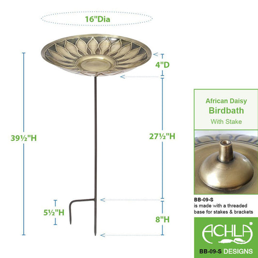 16" Brass African Daisy Birdbath with Stake