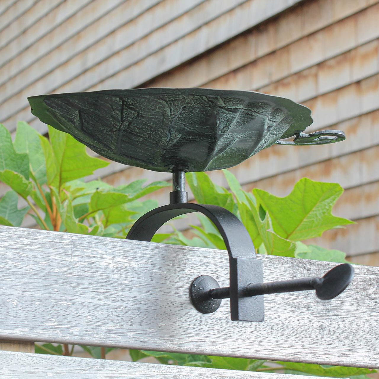 13" Aspen Leaf Birdbath in Brass and Verdi Patina with Over Rail Bracket