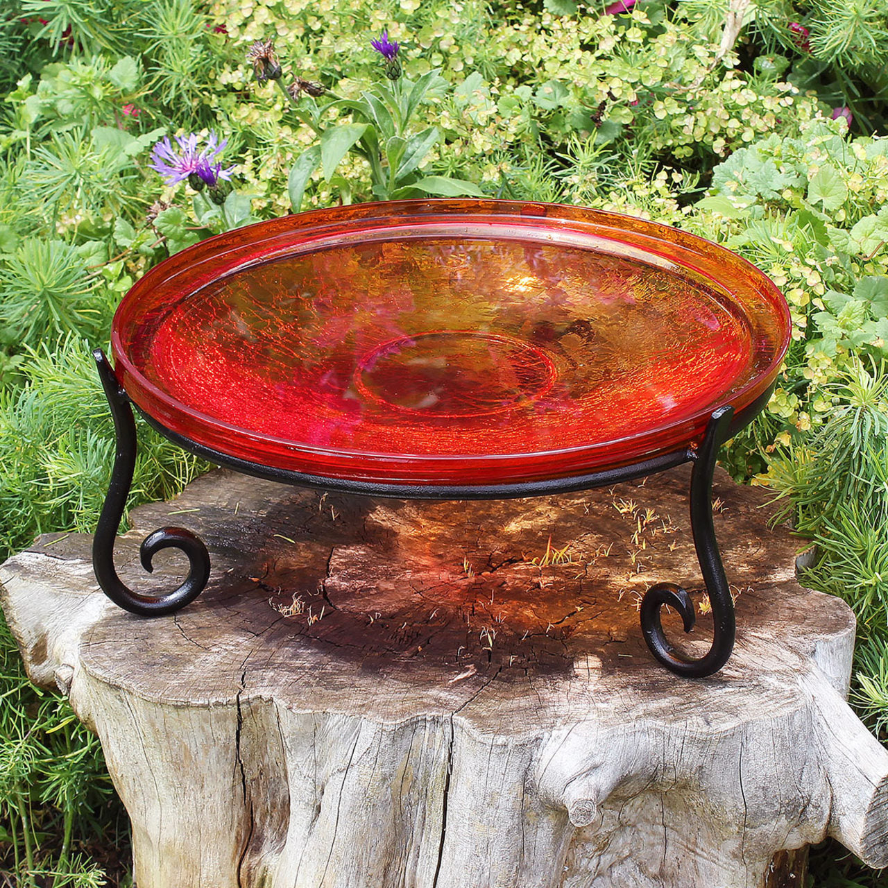 14-in. Red Crackle Glass Bowl Bird Bath