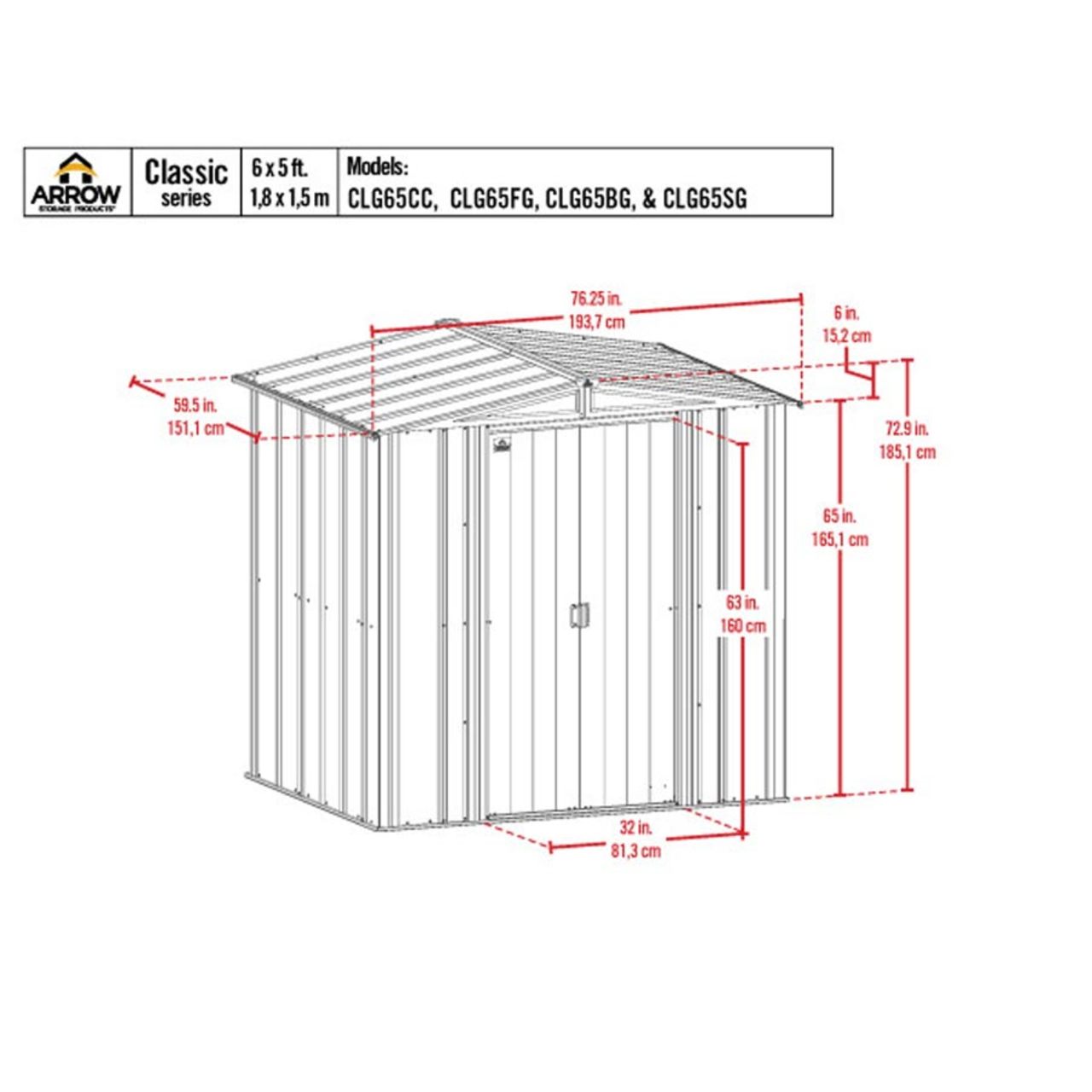 Arrow Classic Steel Storage Shed 6' x 5' -  Flute Gray