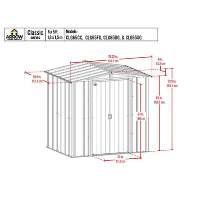 Arrow Classic Steel Storage Shed 6' x 5' -  Flute Gray