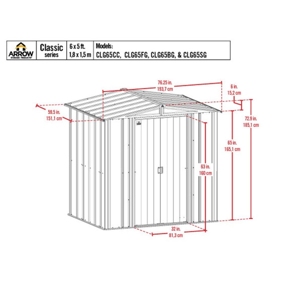 Arrow Classic Steel Storage Shed 6' x 5' -  Flute Gray