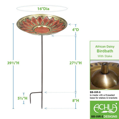 16" Red African Daisy Birdbath in Copper Finish with Stake