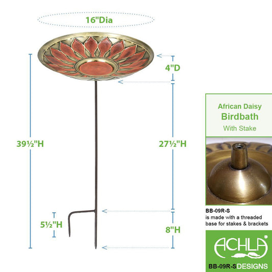 16" Red African Daisy Birdbath in Copper Finish with Stake