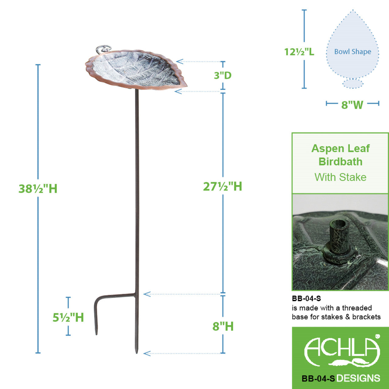 12.5" Aspen Leaf Birdbath in Brass and Verdi Patina w/ Stake