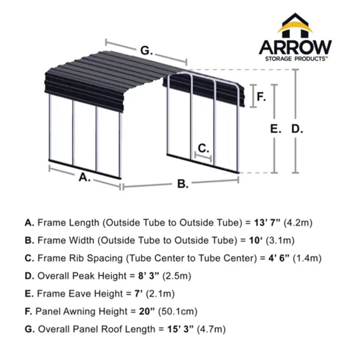 Arrow Carport 10 x 15 x 7 Ft. - Charcoal