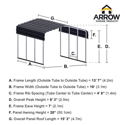 Arrow Carport 10 x 15 x 7 Ft. - Charcoal