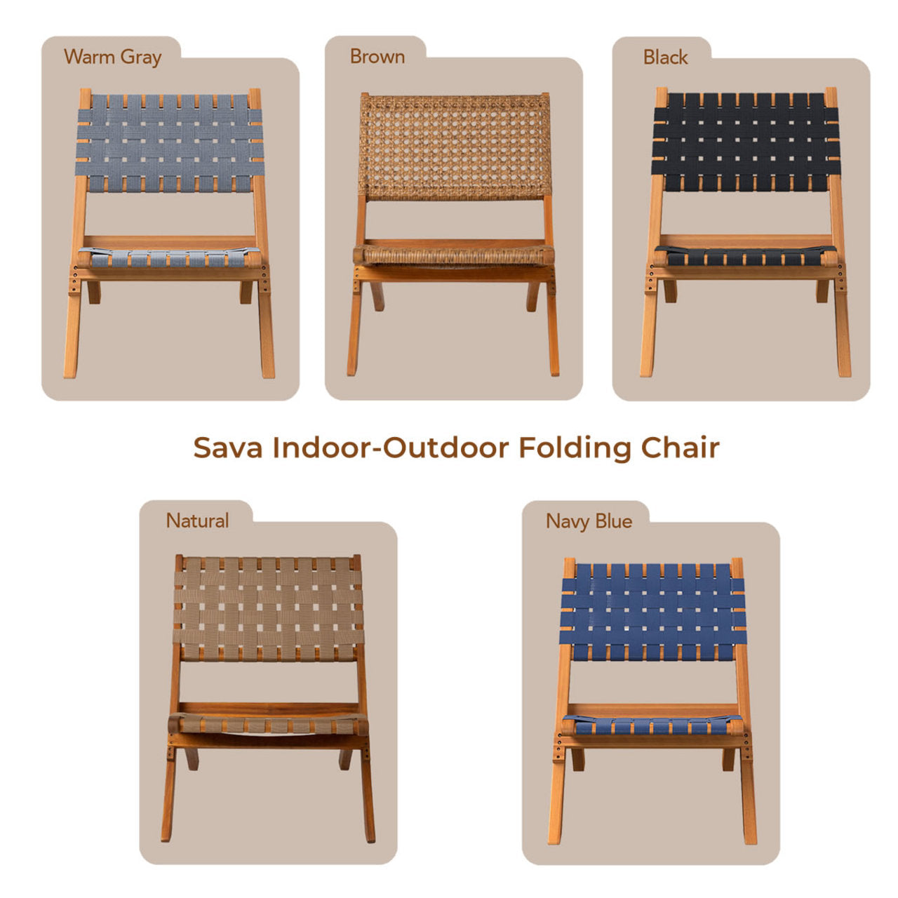 Fire Sense Sava Indoor-Outdoor Folding Chair in Black/Natural/Navy Blue/Warm Grey/Brown Webbing - 62774 - 64159 - 63636 - 63637 - 64098
