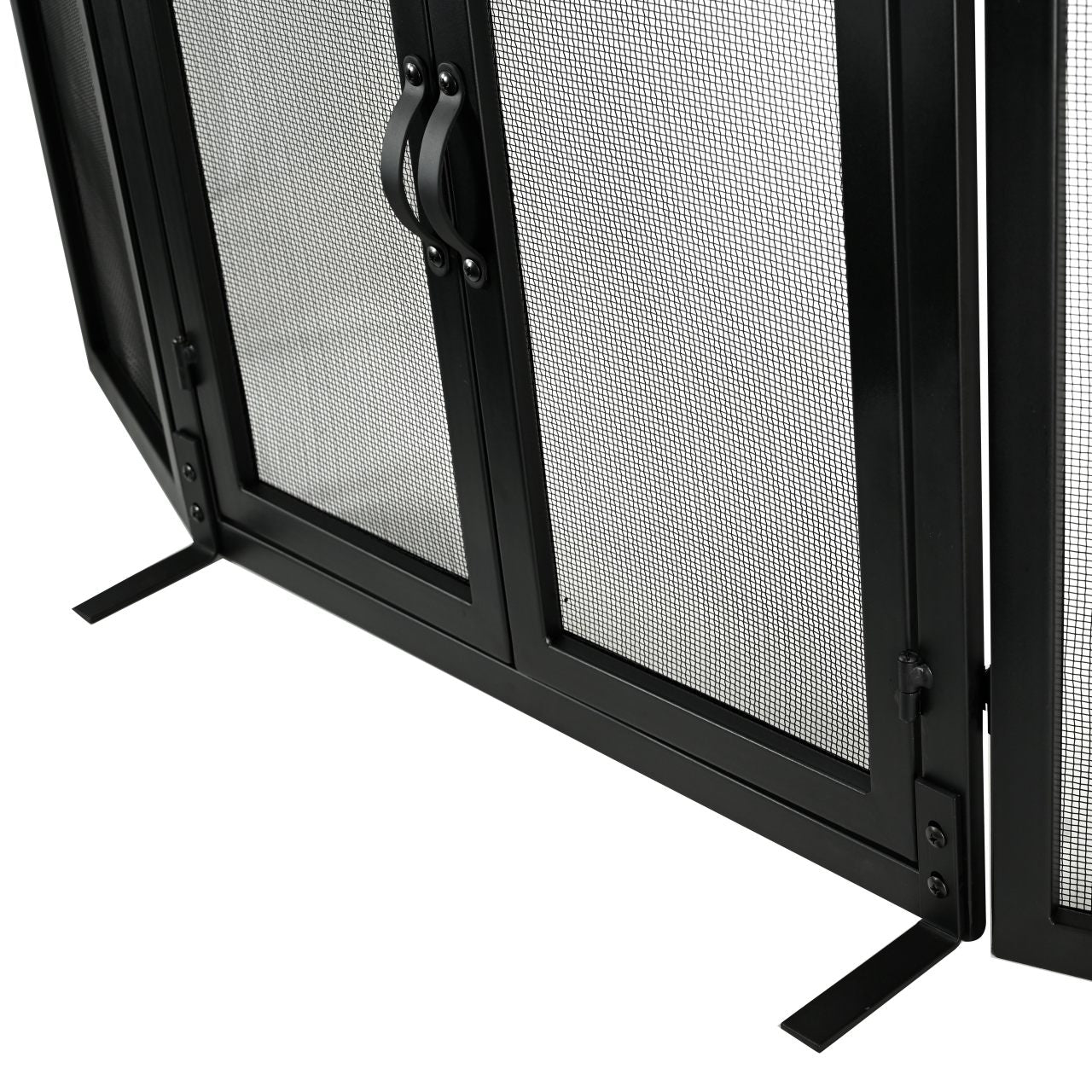 3 Panel Black Wrought Iron Arch Top Fireplace Screen with Doors