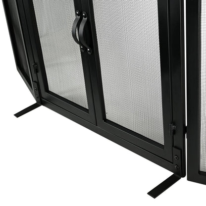 3 Panel Black Wrought Iron Arch Top Fireplace Screen with Doors