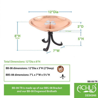 12" CopperDogwood Birdbath with Tripod Stand