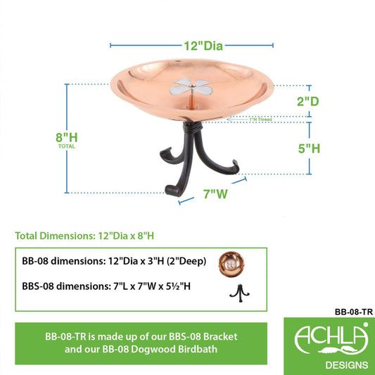 12" CopperDogwood Birdbath with Tripod Stand