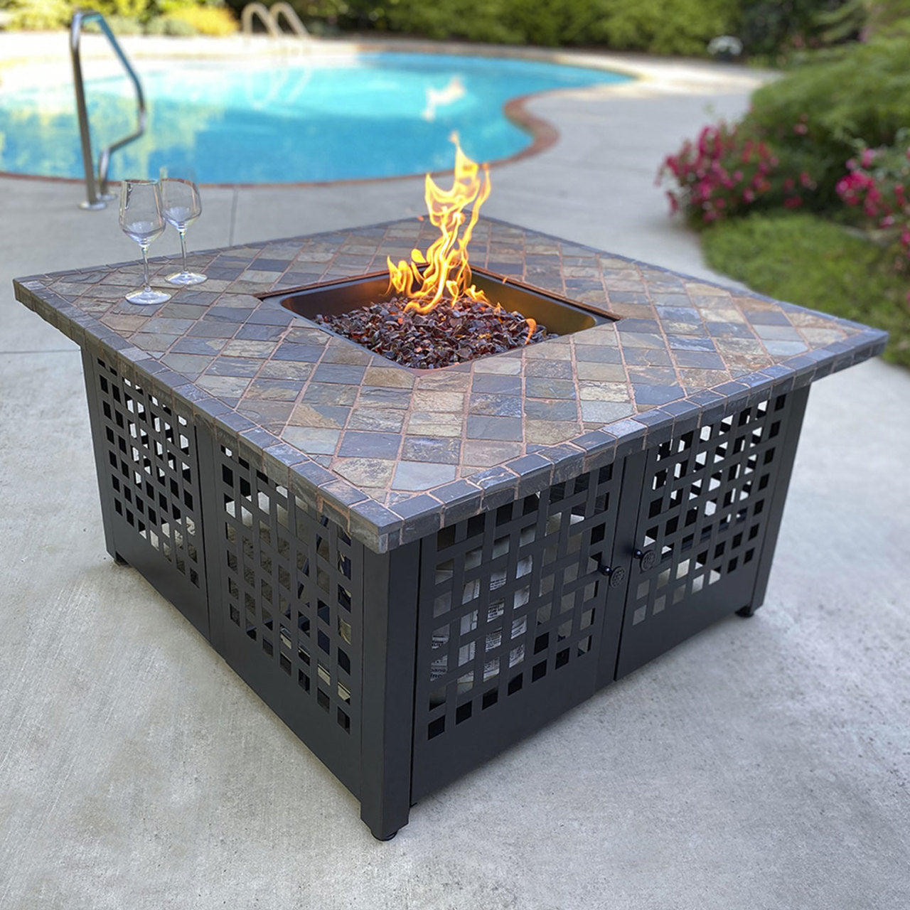 The Elizabeth - LP Gas Outdoor Fire Pit w/ 42" Slate Tile Mantel - Bronze