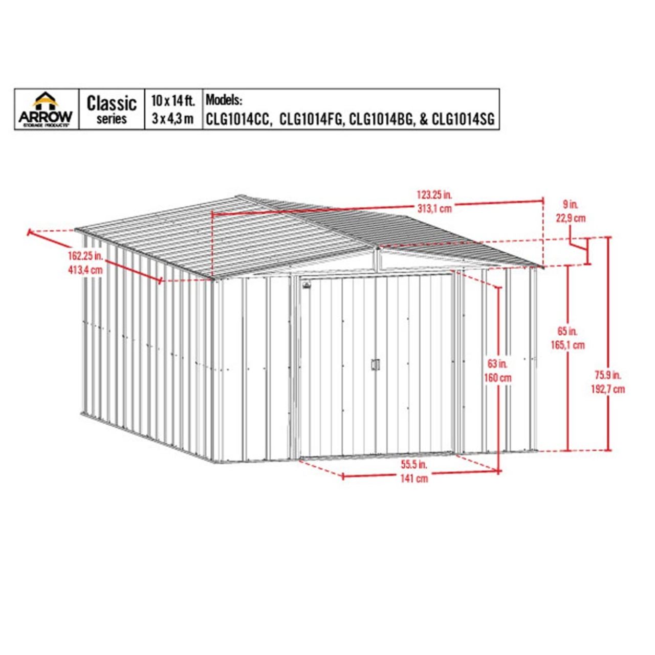 Arrow Classic Steel Storage Shed  10' x 14' -  Charcoal