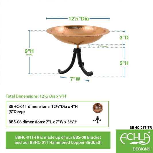 13" Hammered Copper Birdbath with Tripod Stand