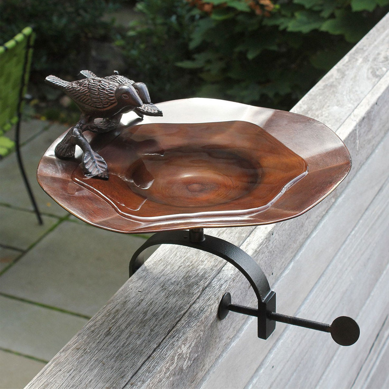 13" Antiqued Patina and Brass Bird Bath with Birds with Over Rail Bracket