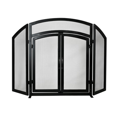 3 Panel Black Wrought Iron Arch Top Fireplace Screen with Doors