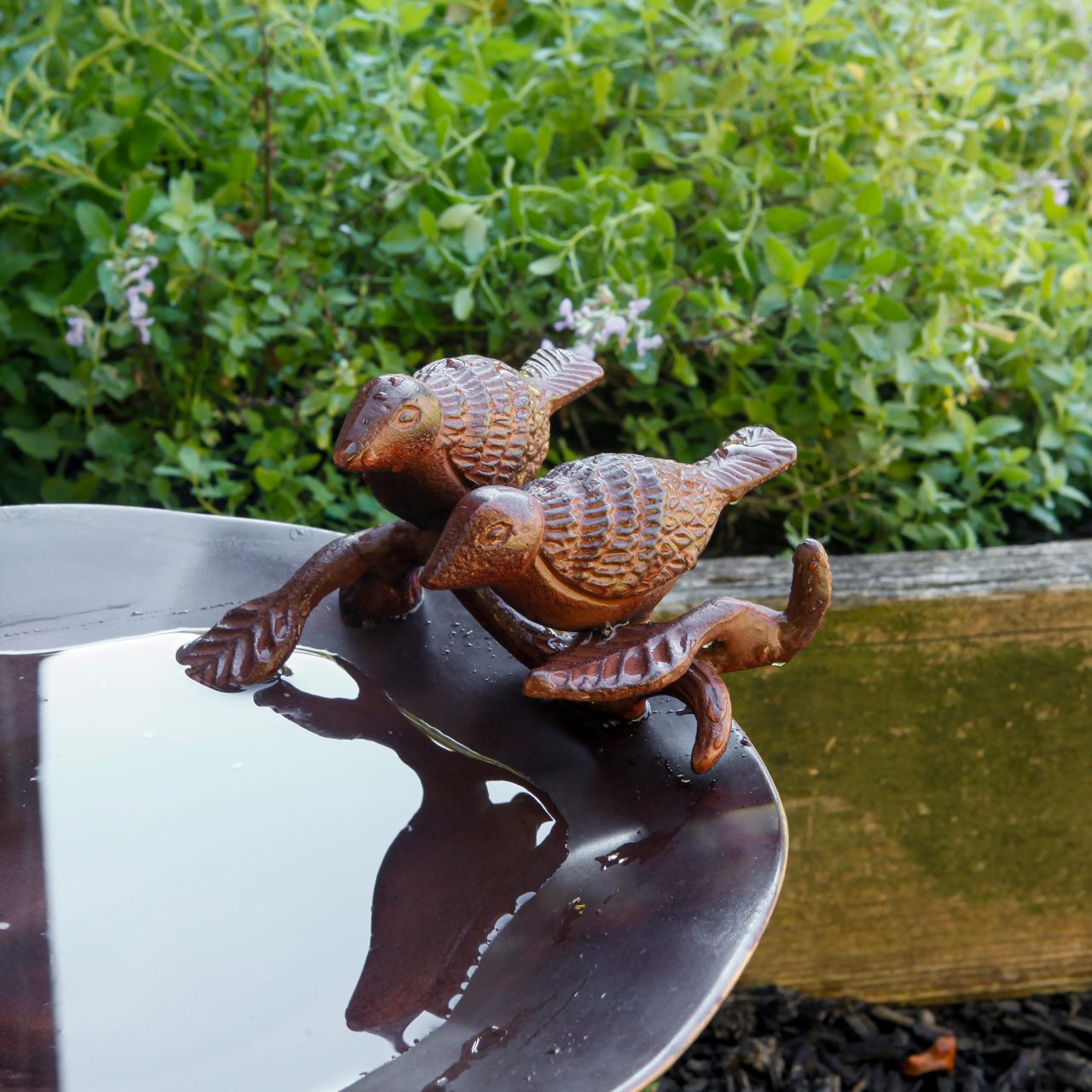 13" Antiqued Patina and Brass Bird Bath with Birds and Stake