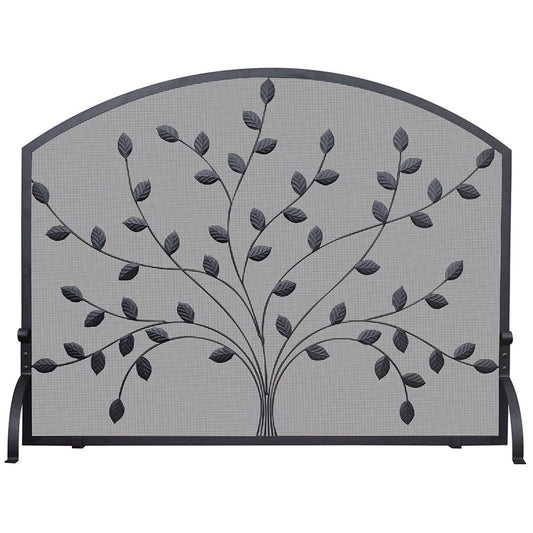 Single Panel Black Wrought Iron Screen with Leaf Design