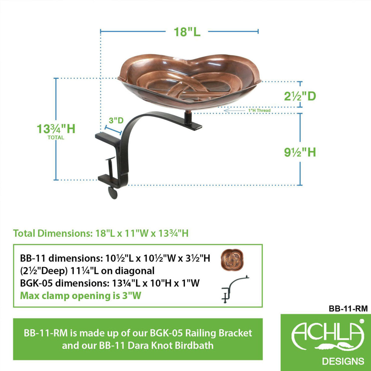 10.5" Dara Knot Copper Birdbath with Rail Mount Bracket
