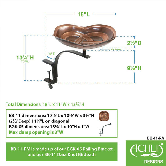 10.5" Dara Knot Copper Birdbath with Rail Mount Bracket