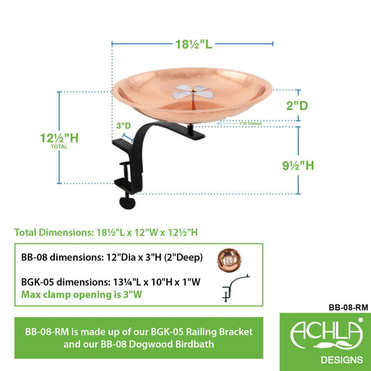 12" Copper Dogwood Birdbath with Rail Mount Bracket