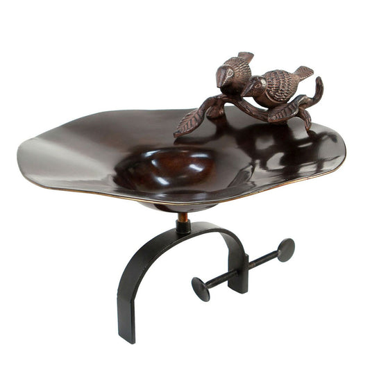 13" Antiqued Patina and Brass Bird Bath with Birds with Over Rail Bracket