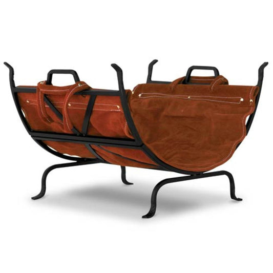 Black Wrought Iron Log Holder with Leather Log Carrier