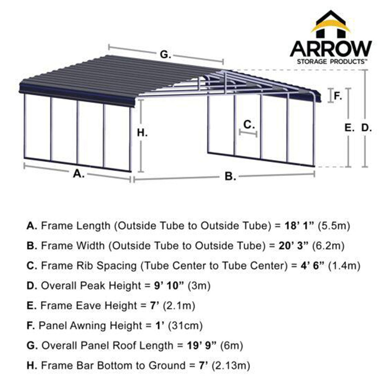 Arrow Carport 20 x 20 x 7 Ft. - Eggshell