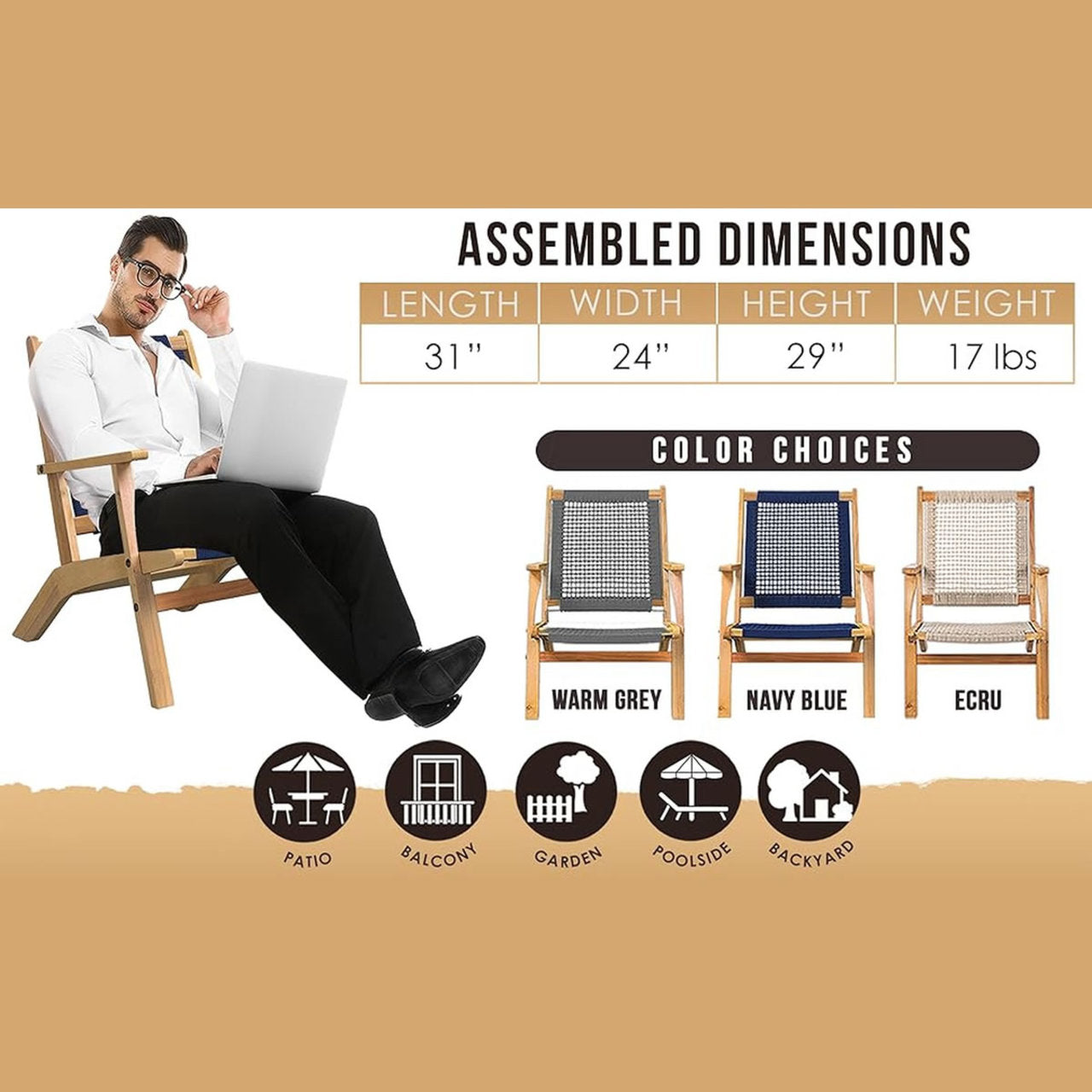 Fire Sense Vega Natural Stain Outdoor Chair - 62773 - 63634 - 63635