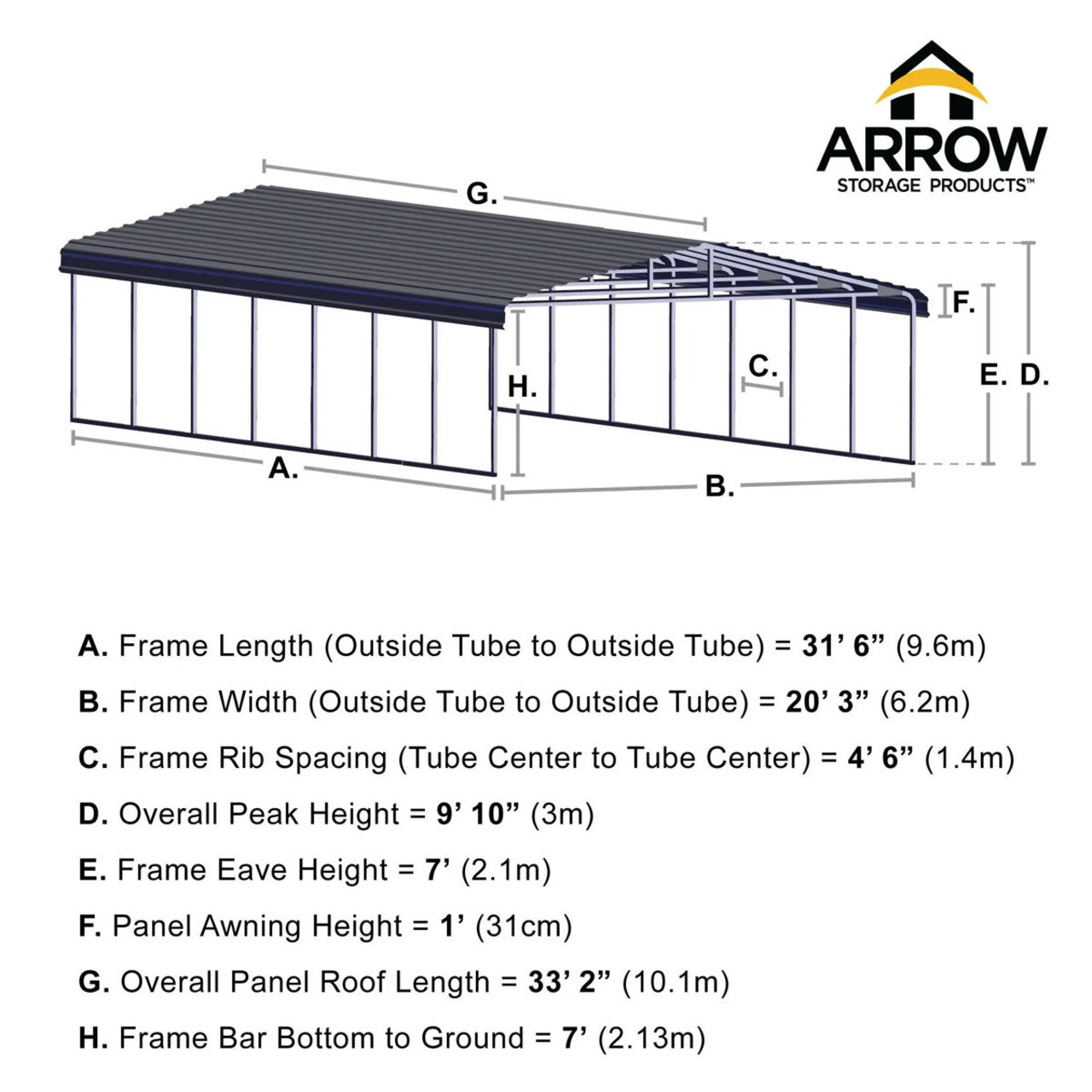 Arrow Carport 20 x 29 x 7 Ft. - Eggshell