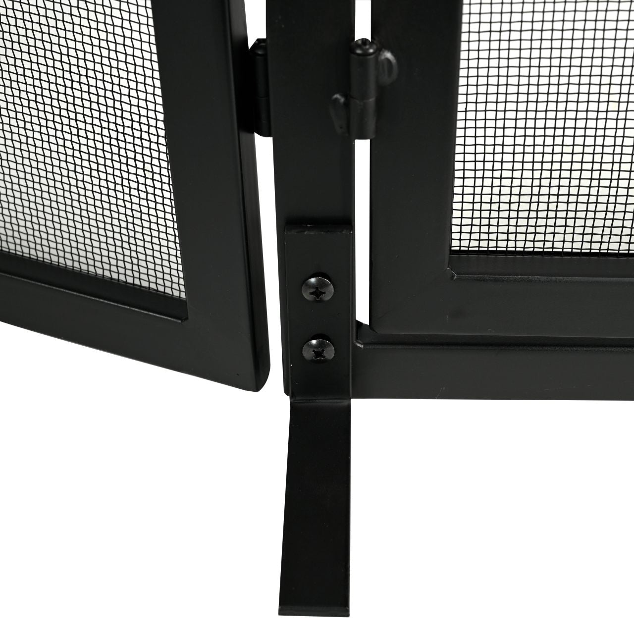 3 Panel Black Wrought Iron Arch Top Fireplace Screen with Doors