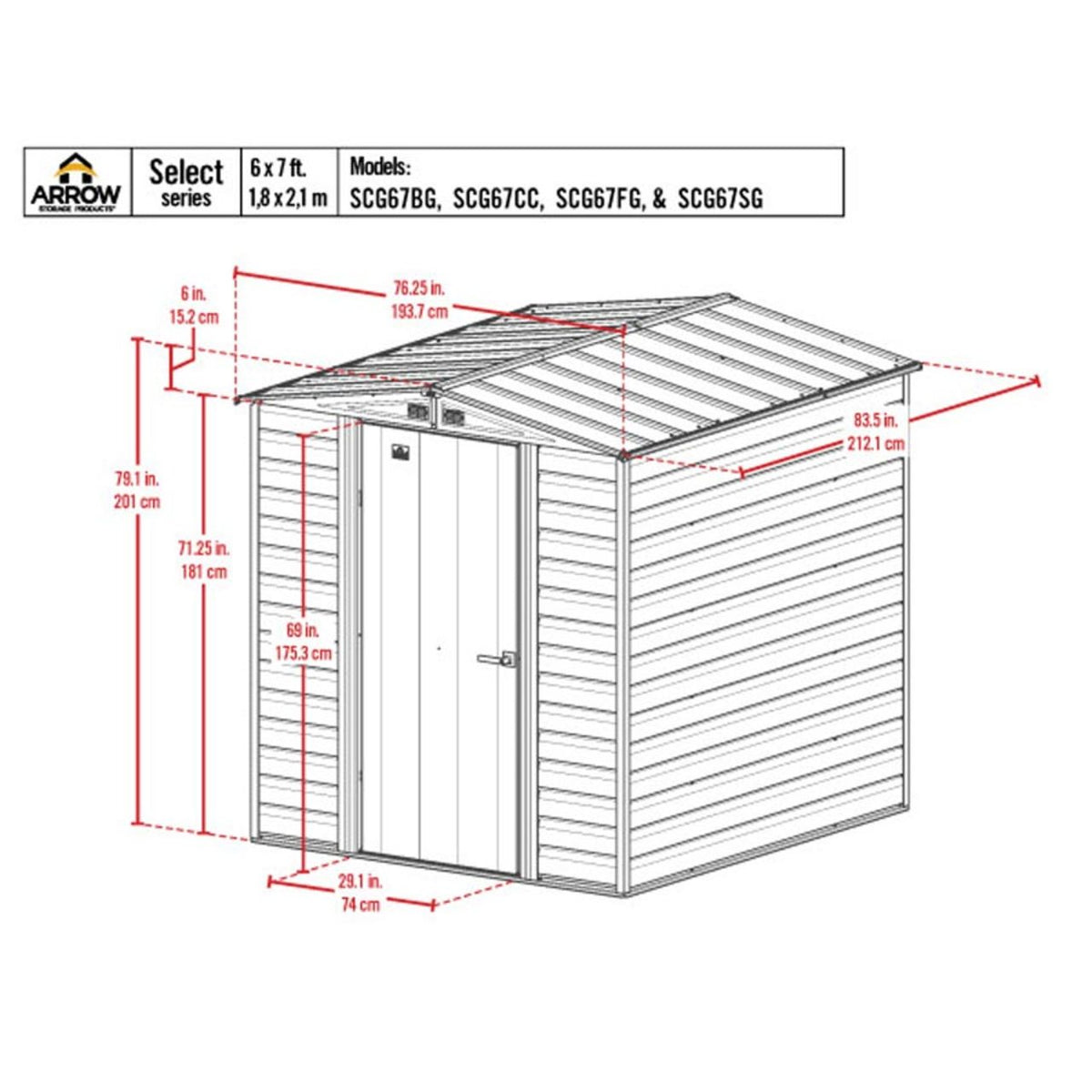 Arrow Select 6' x 7' Steel Storage Shed - Charcoal