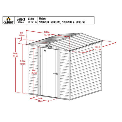 Arrow Select 6 x 7 Steel Storage Shed - Charcoal