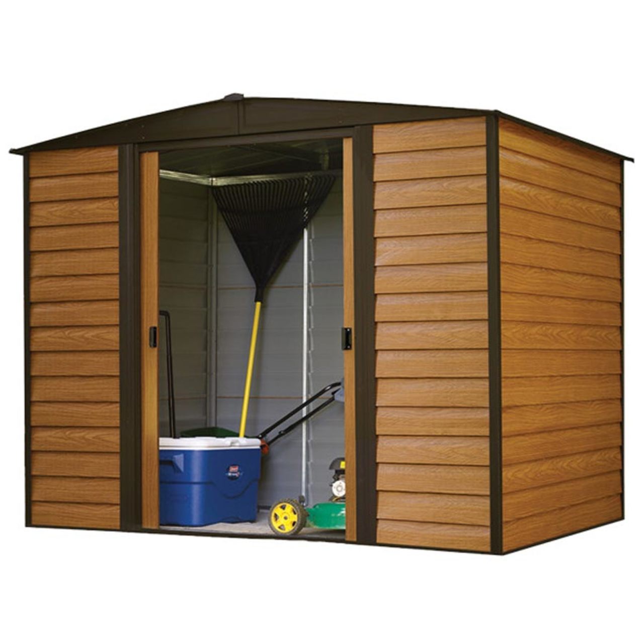 Woodridge 8' x 6' Steel Storage Shed in Coffee and Woodgrain