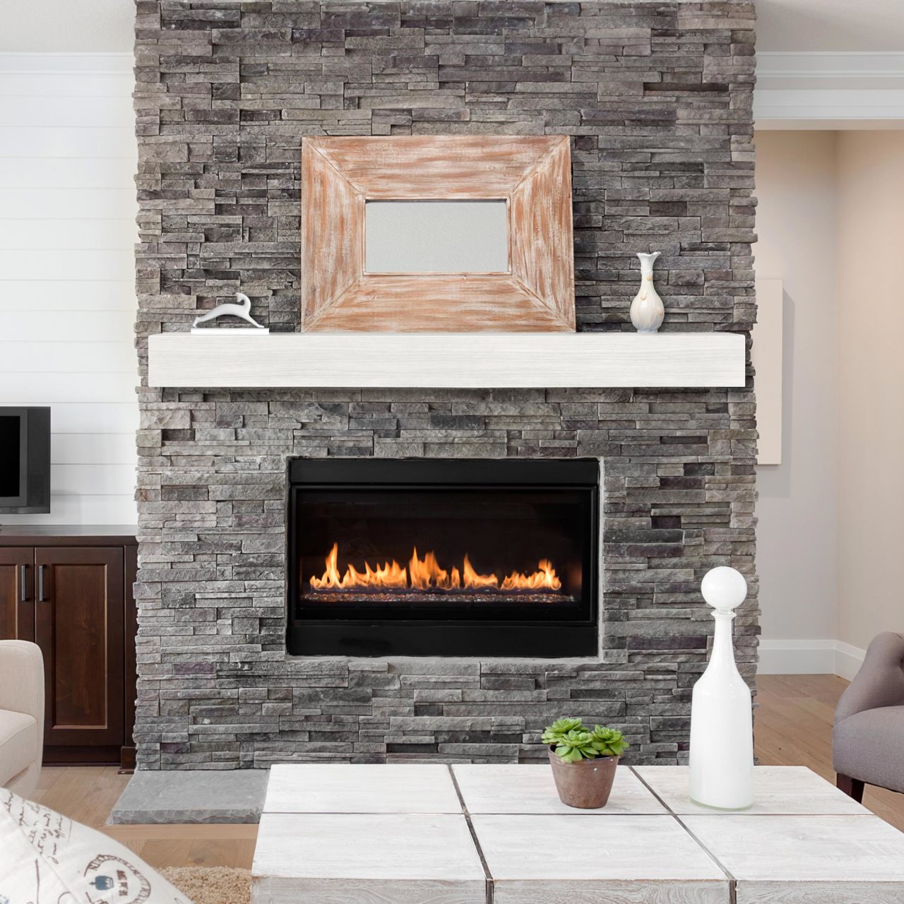 48" Zachary Non-Combustible Fireplace Shelf by Pearl Mantels - Whitewash Finish