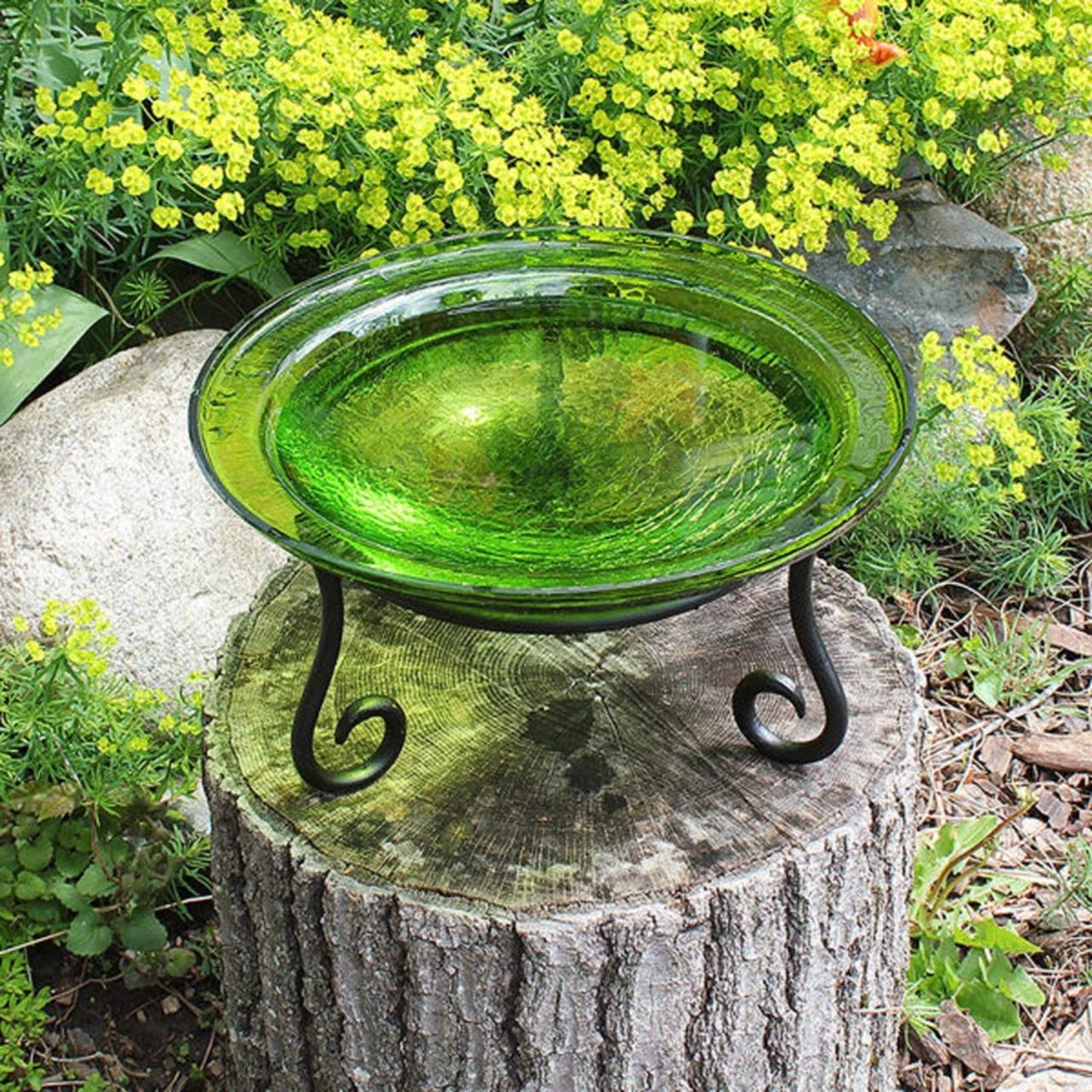 12-in. Fern Green Crackle Glass Bowl Bird Bath