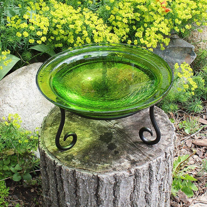 12-in. Fern Green Crackle Glass Bowl Bird Bath