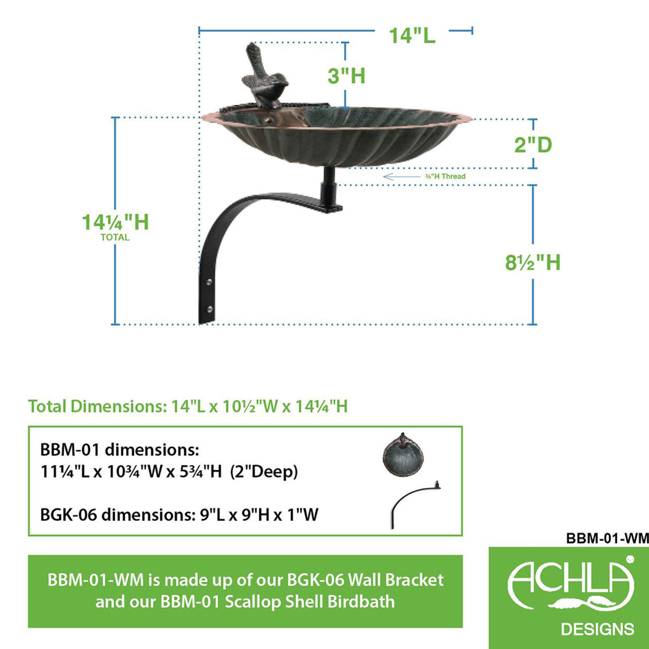 11" Scallop Shell Patina Birdbath with Wall Mount Bracket