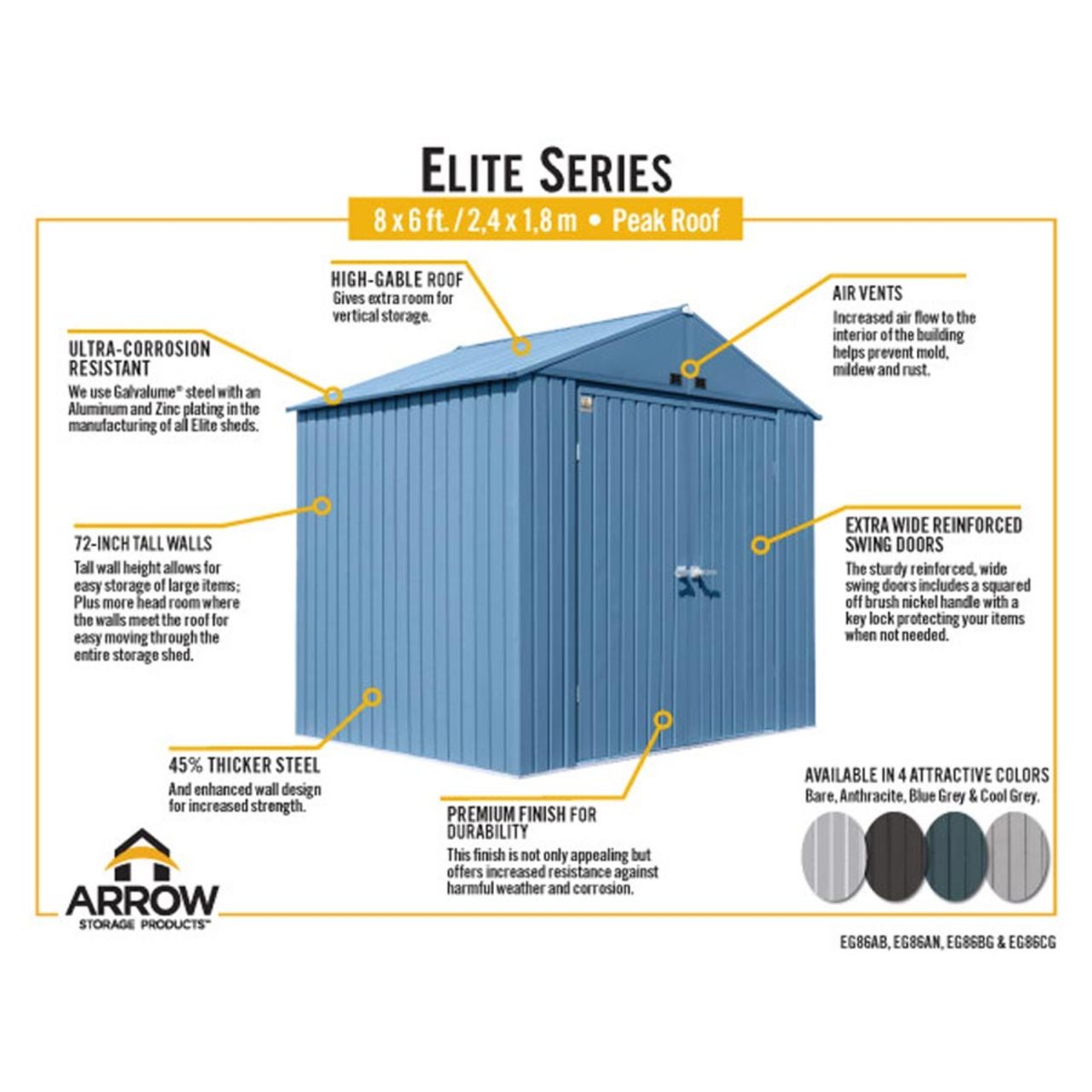 Arrow Elite Steel Storage Shed 8' x 4' -  Blue Gray