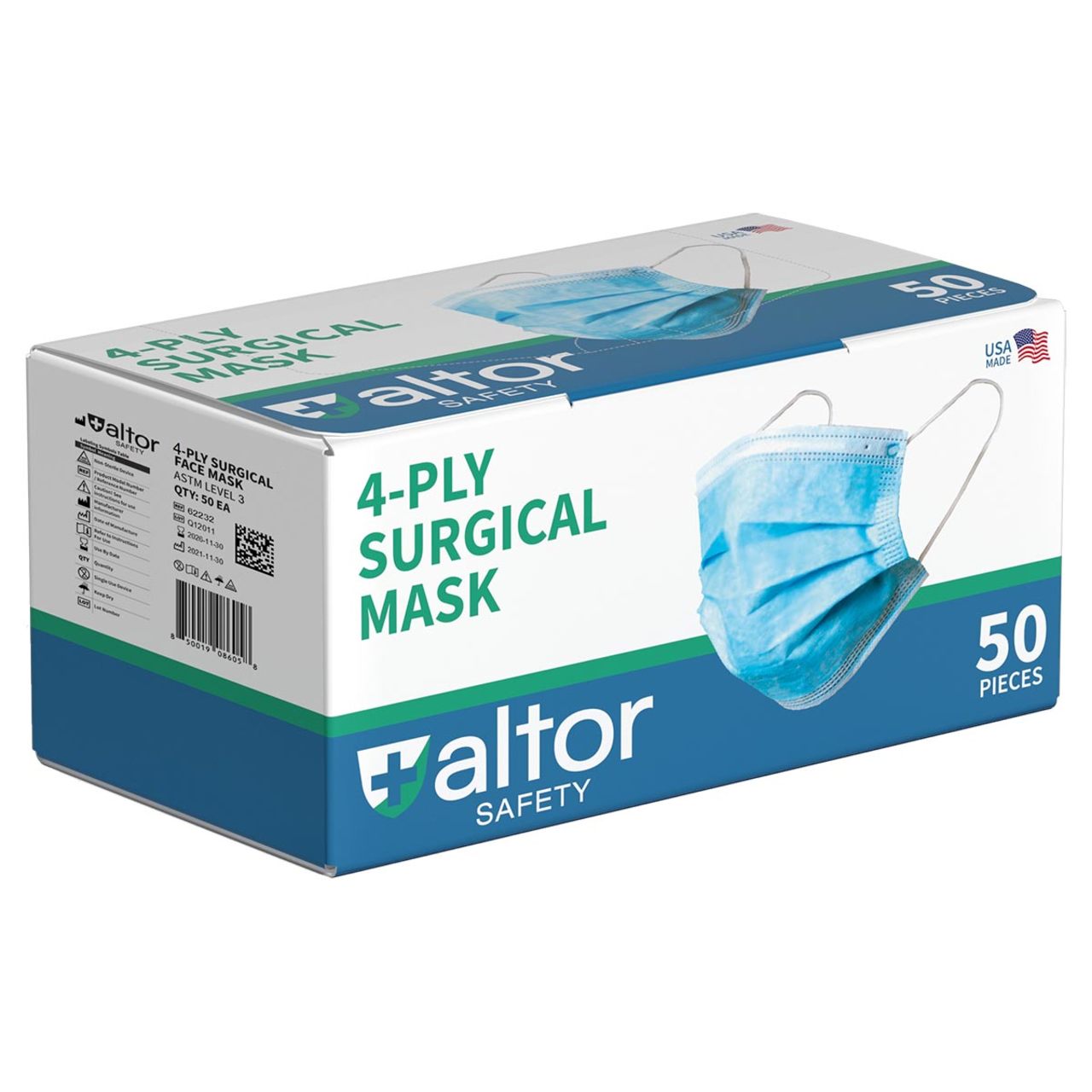 Altor Safety Surgical Mask 62232, 4-Ply ASTM Level 3, USA Made, Blue, Box of50