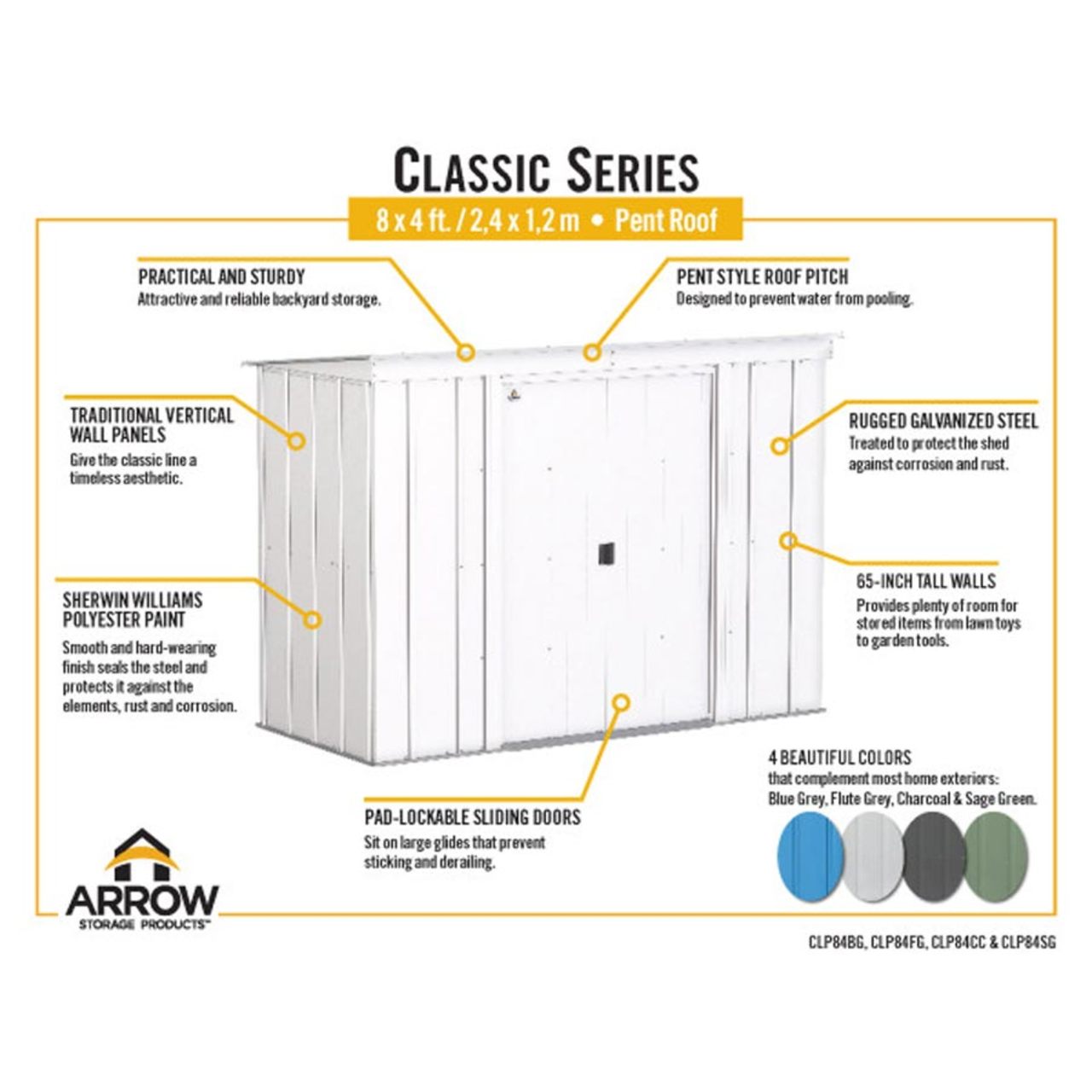 Arrow Classic Steel Storage Shed 8' x 4' -  Flute Gray
