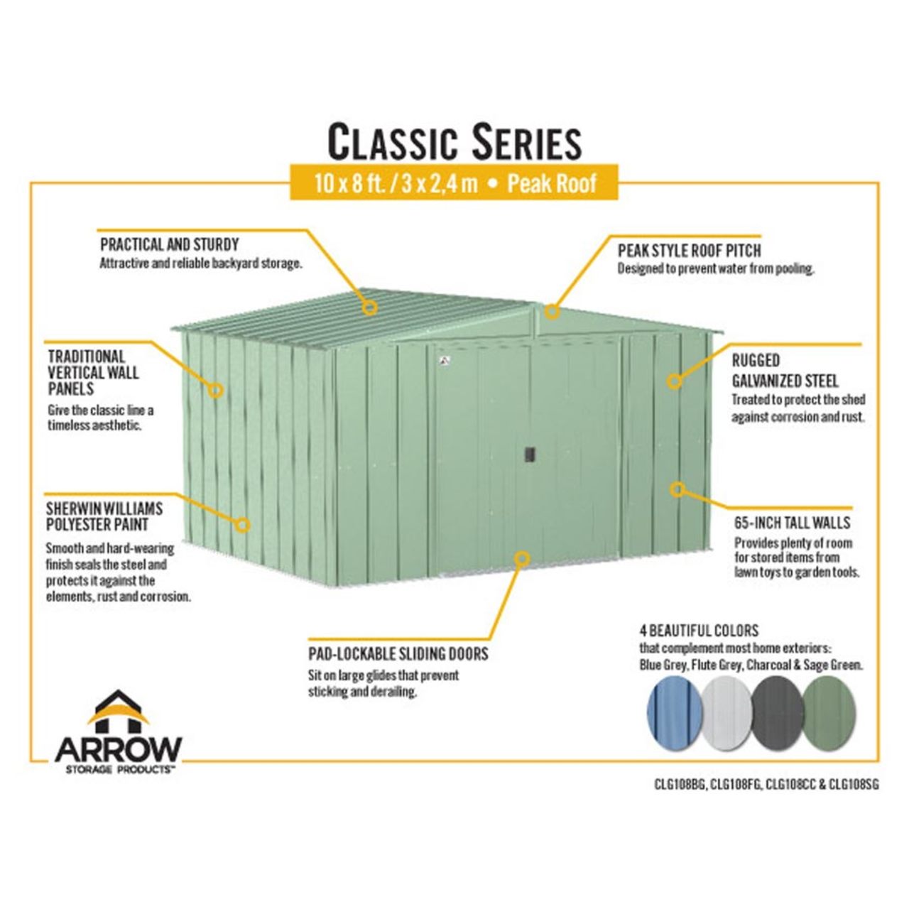 Arrow Classic Steel Storage Shed  10' x 8' Flute Gray
